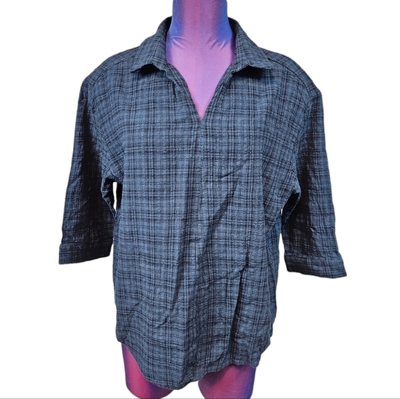 Mod Ref Blue & Black Plaid Crinkle 3/4 Sleeve‎ Collared Shirt Size Medium Q29 - Picture 8 of 8